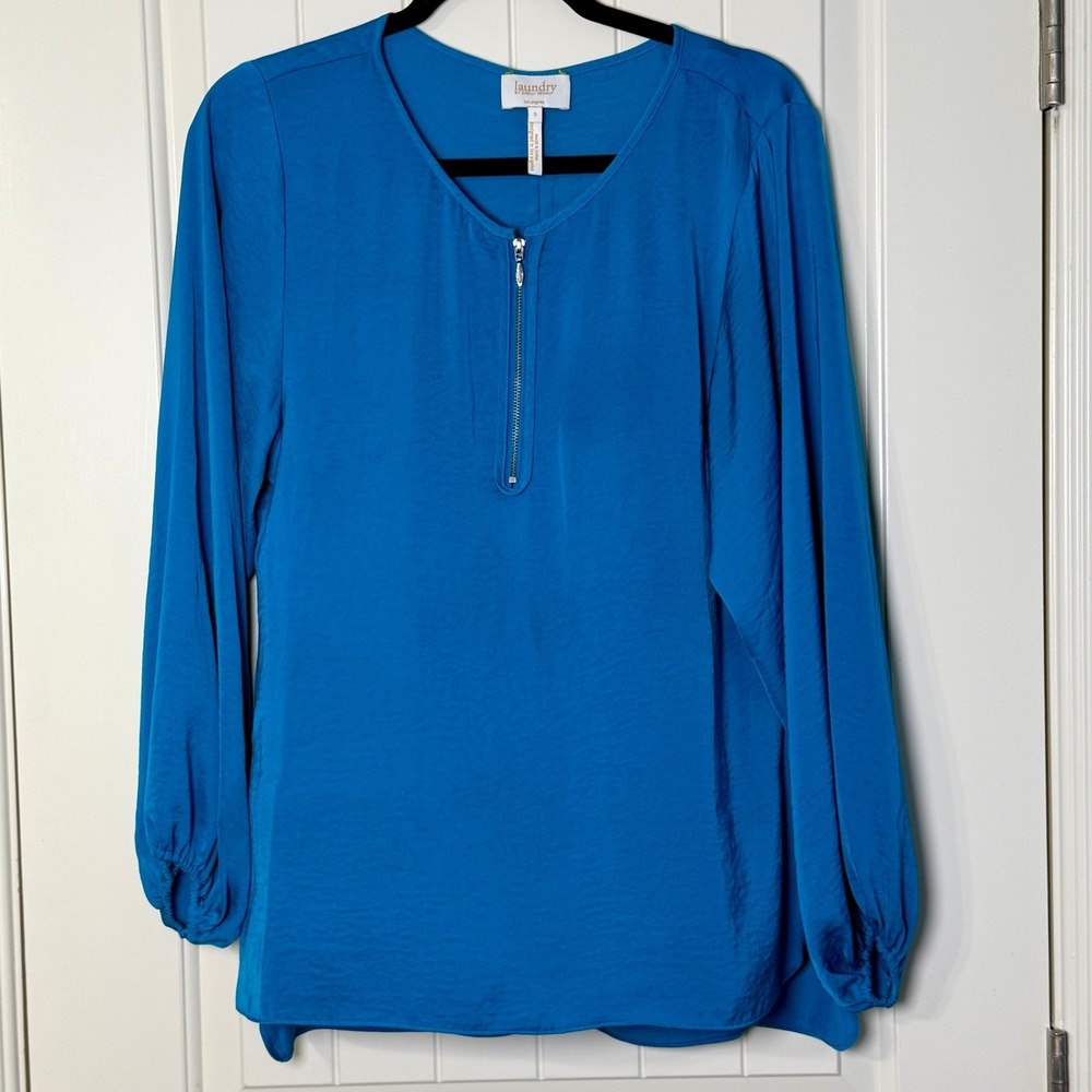 Laundry by Shelli Segal‎ Designer Blouse Womens Smail Blue Peasant Sleeve
